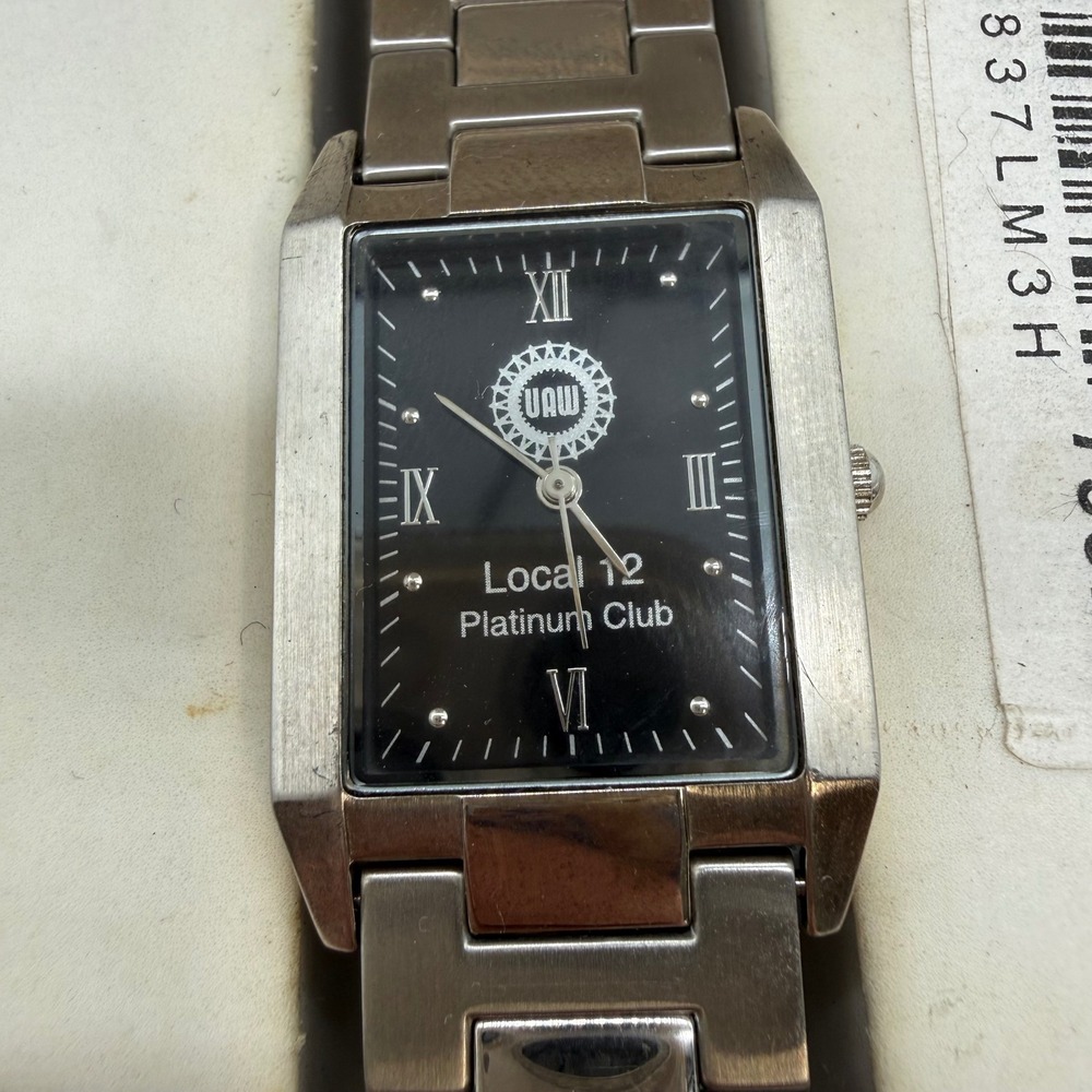 UAW Local 12 Platinum Club Stainless Steel Watch Black Dial Rectangular Case
